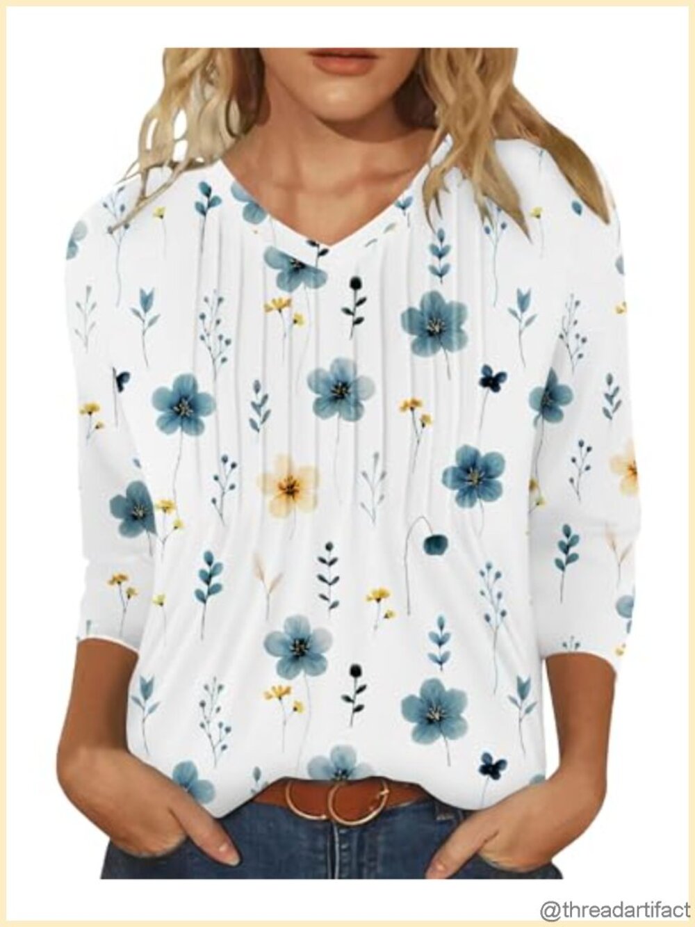 Womens Tunic Top V Neck 3/4 Sleeve Pleated Loose Fit Blouse Casual